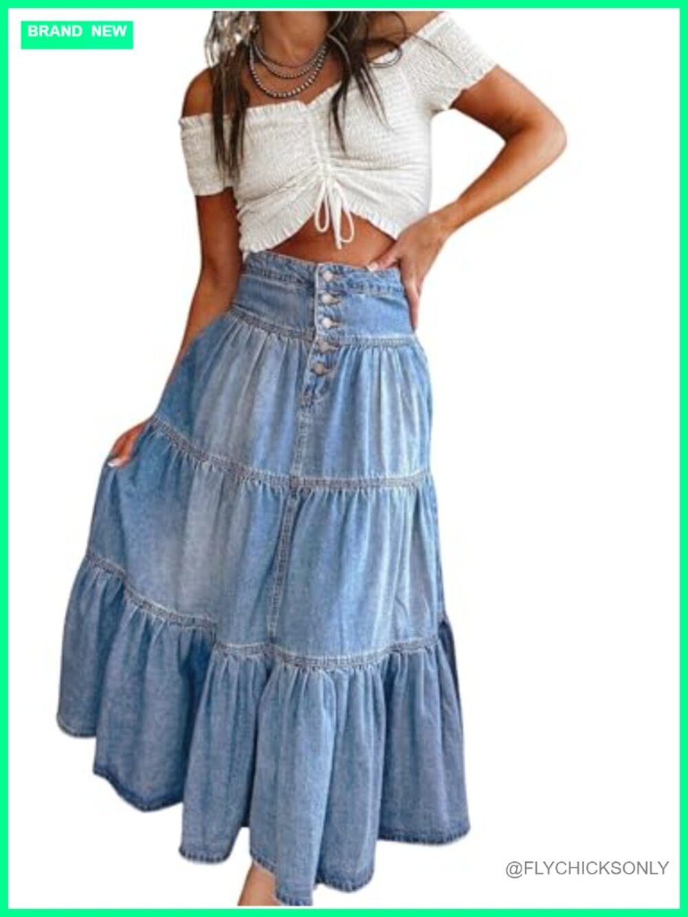 High Waist Long Denim Maxi Skirt Button-Fly Tiered Ruffle Swing A-Line with
